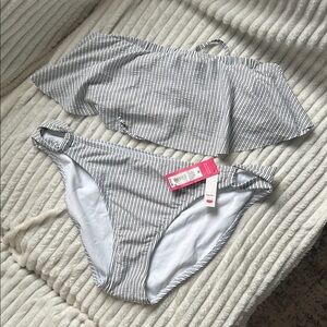 Xhilaration Black & White Striped Ruffle Bandeau Bikini